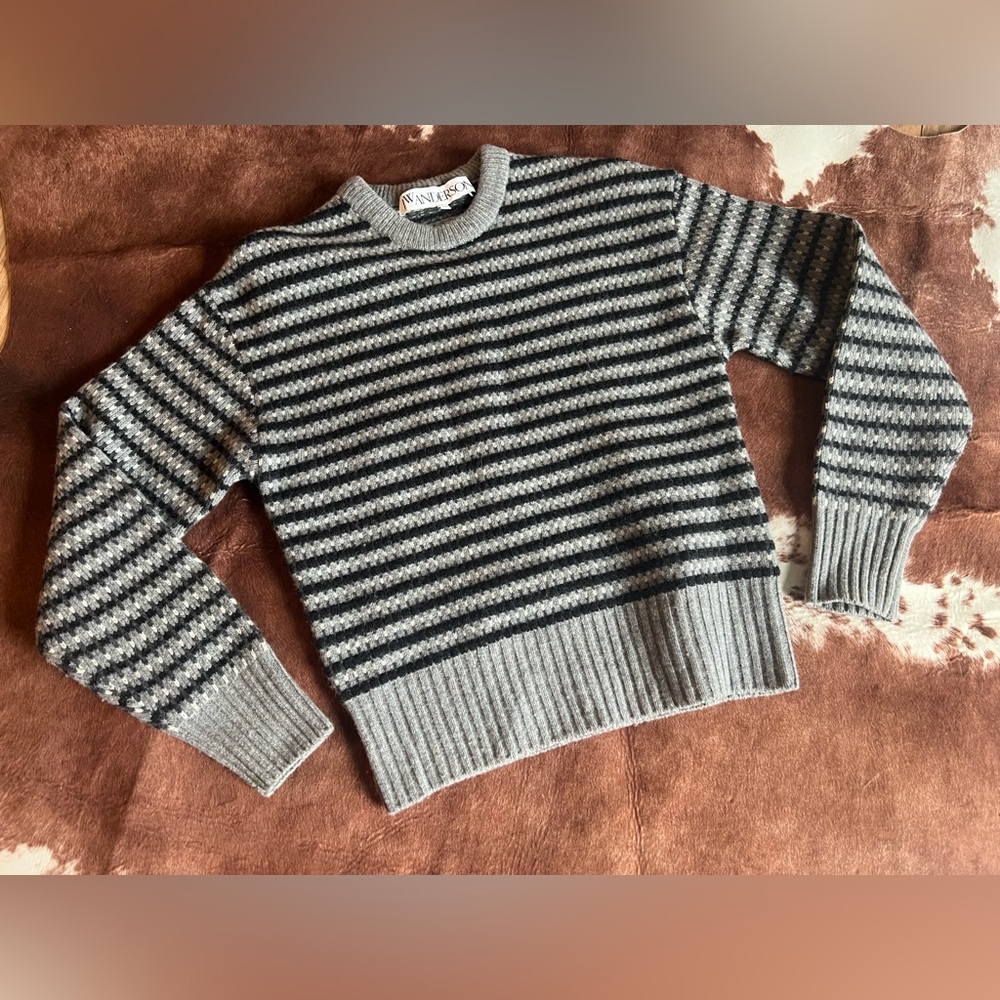 JW ANDERSON Striped Crewneck Sweater in Black and Gray office chic classic cozy